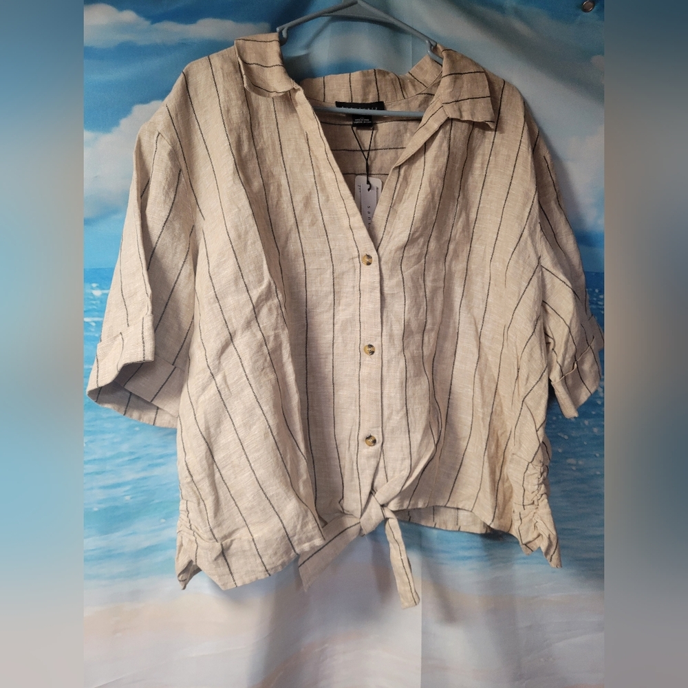 Sanctuary NWT Striped‎ Button Down Tie Front Short Sleeve Shirt Size 2X